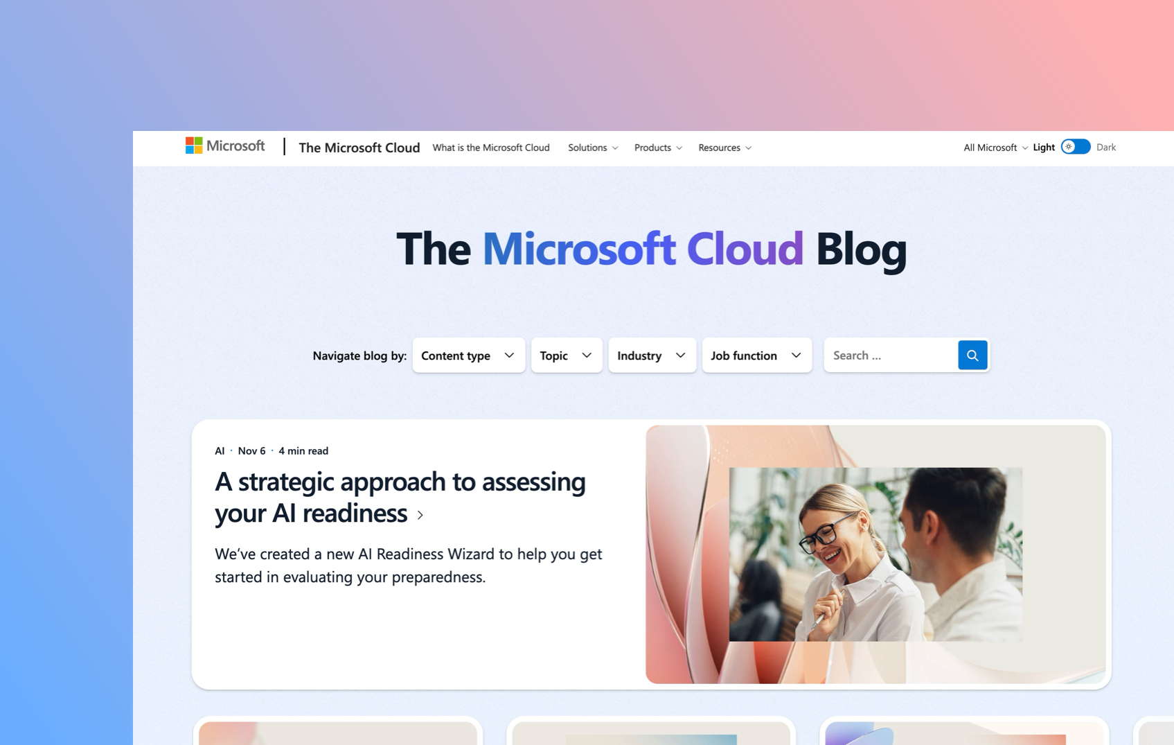 Microsoft Cloud Blog redesign, desktop view